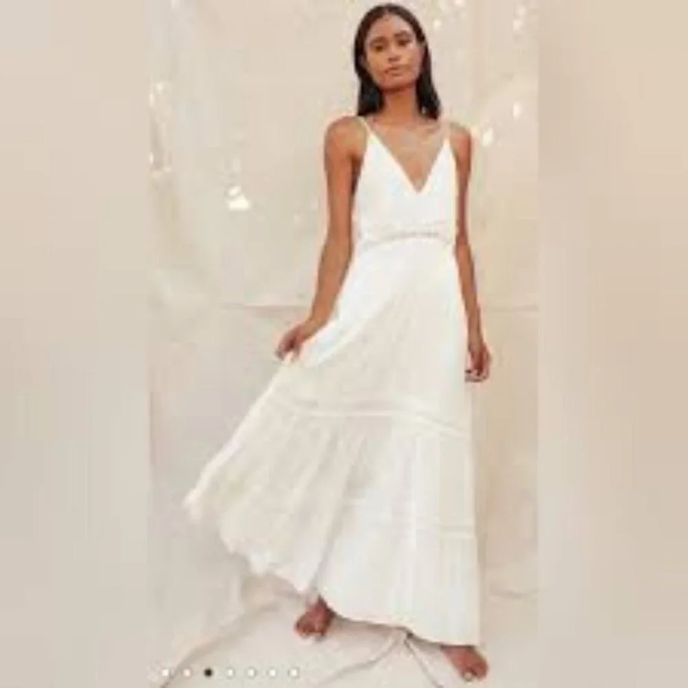 Lulu's Light Breeze White Striped Crochet Lace Tiered Maxi Dress  XS
